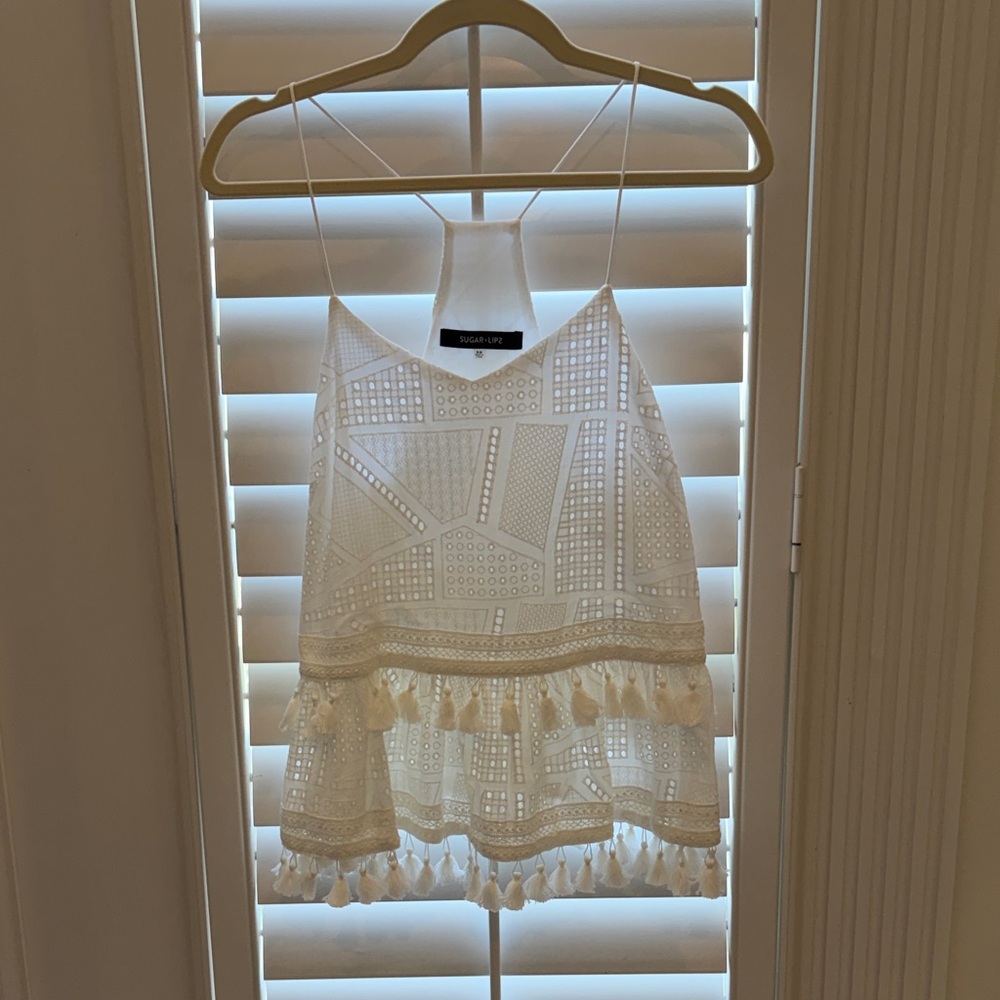 Sugarlips White Eyelet Tassel-Trim Camisole